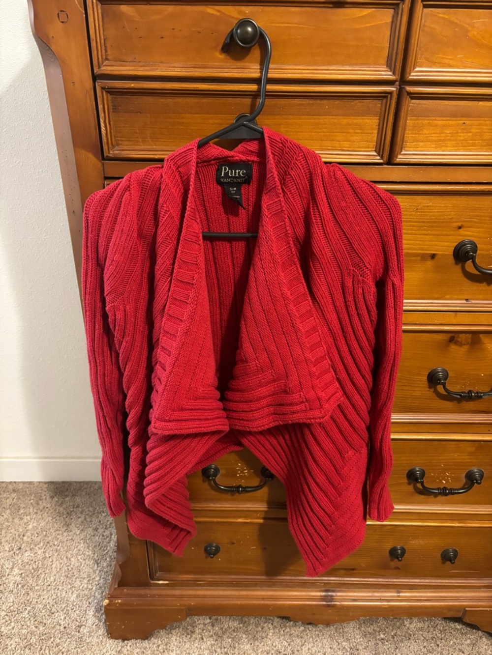 Pure Handknit Draped Ribbed Open-Front Cardigan - Red